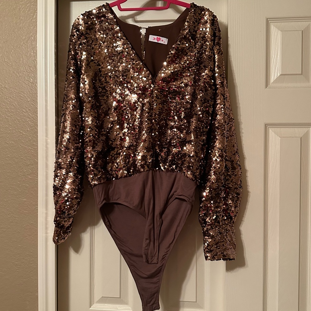 Buddy Love Sequin Bodysuit in Brown